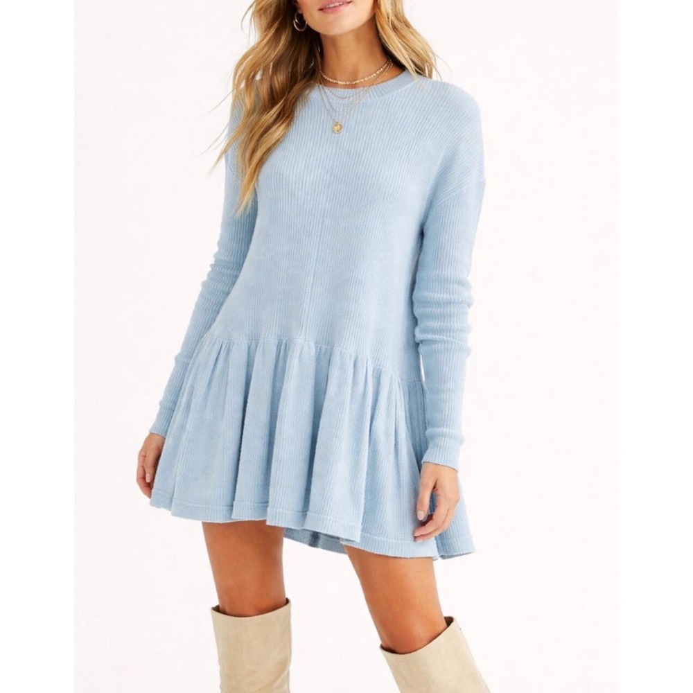 Free People Ottoman Slouchy Tunic Light Blue Ribbed Peplum Mini Dress Large